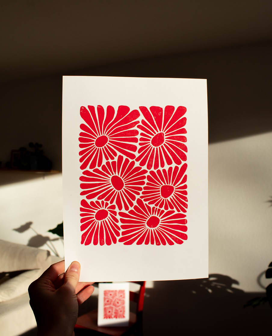 Rote Blumen Linoldruck